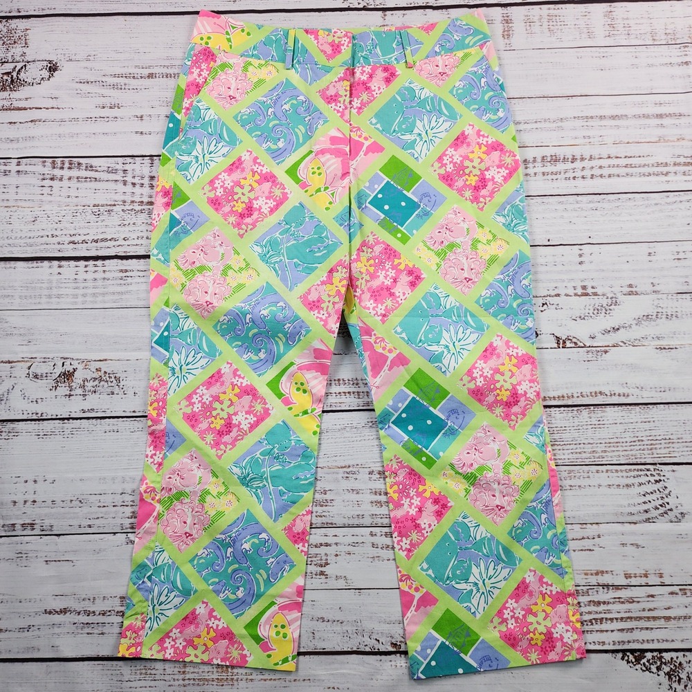 Vintage Lilly Pulitzer Pants Womens 10 Patchwork Sea Life Cotton Stretch Y2K